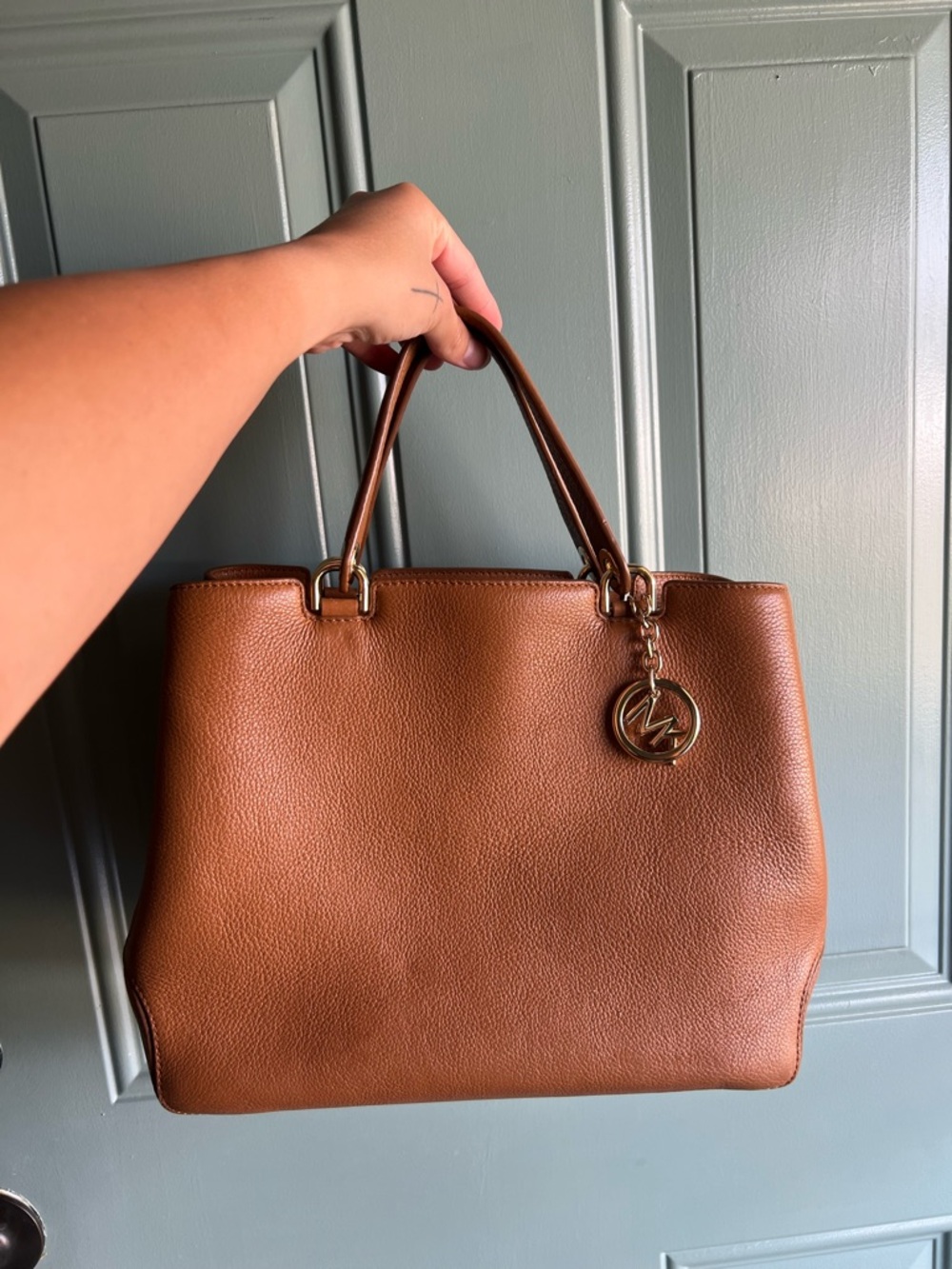 Michael Kors Brown Leather Satchel with Gold Logo Charm